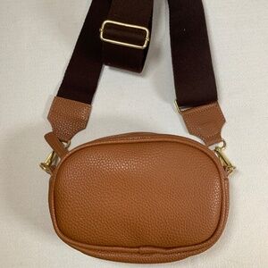 Ai Tk Crossbdy Brown Vegan Leather Purse Fanny Pack with Belt Loops Gold Accents